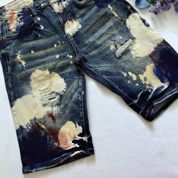 Industrial Indigo NWT Paint Splatter Medium Wash Jean Shorts Men W32 - Picture 3 of 8